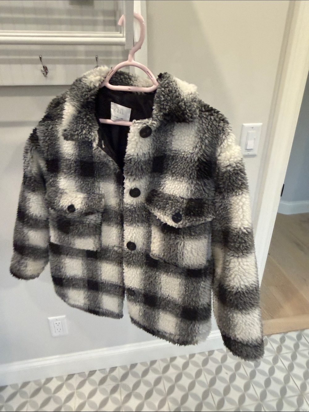 Zara Black & White Plaid Sherpa Jacket